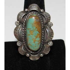 Navajo Royston Turquoise Statement Ring Sz 7.5 Sterling Silver Signed Native