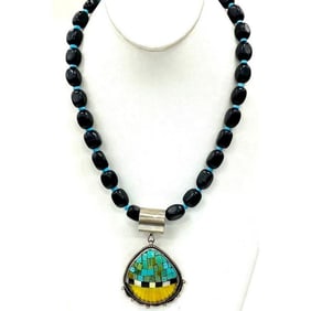 Signed Joseph Tenorio Santo Domingo Necklace – Onyx, Turquoise & Shell 21"