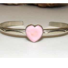 Navajo Pink Conch Heart Bracelet Stacker Sterling Silver Cuff G. Jones