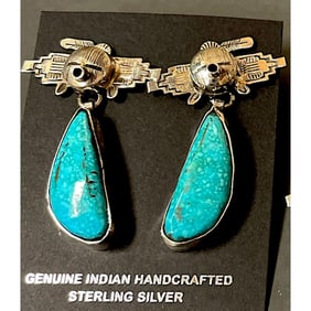 Navajo Kachina Dangle Earrings Numer 8 Turquoise Sterling Silver Bennie Ration