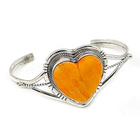Navajo Orange Spiny Heart Bracelet Stacker Sterling Silver Cuff P. Skeets