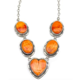 Navajo Orange Spiny Heart Necklace Sterling Silver R. Chaco 20"