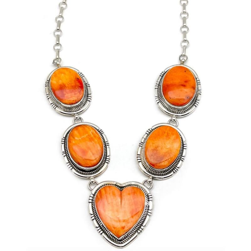 Navajo Orange Spiny Heart Necklace Sterling Silver R. Chaco 20" (1 of 3)