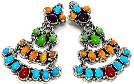 VTG Navajo Turquoise  Dangle Earrings Orange Red Spiny Sterling
