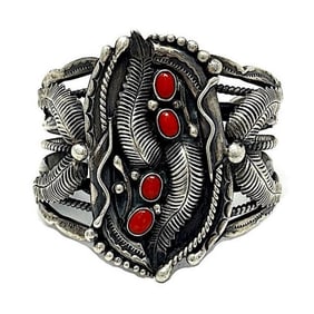 Vintage Navajo Sterling Silver Coral Cuff Bracelet Herbert Tsosie