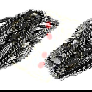 Vintage Navajo Sterling Silver Coral Cuff Bracelet Herbert Tsosie: FREE IN-HOUSE SHIPPING WITHIN THE U.S. AVAILABLE!!! Vintage Navajo squash blossom bracelet by master silversmith Herbert Tsosie-a true museum-quality collector's piece. The cuff features a traditional