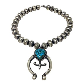 Navajo Squash Blossom Necklace E Hale Number 8 Turquoise Sterling Silver 111 G