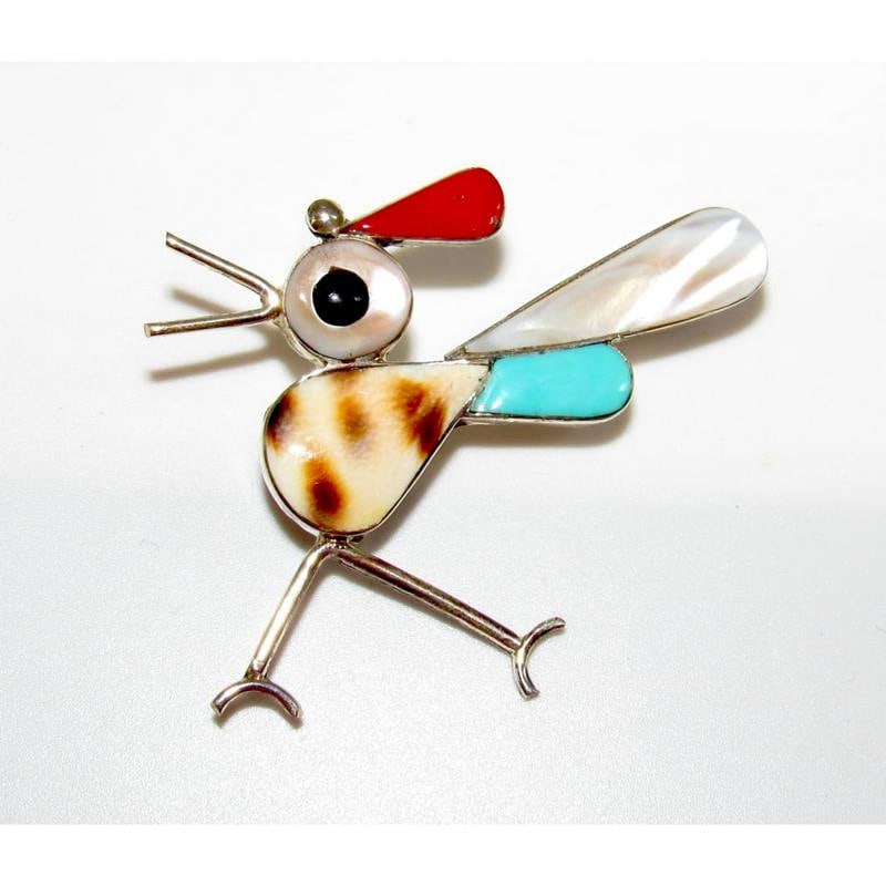 VTG Zuni Roadrunner Brooch Pin Sterling Silver Turquoise MOP Coral (1 of 4)