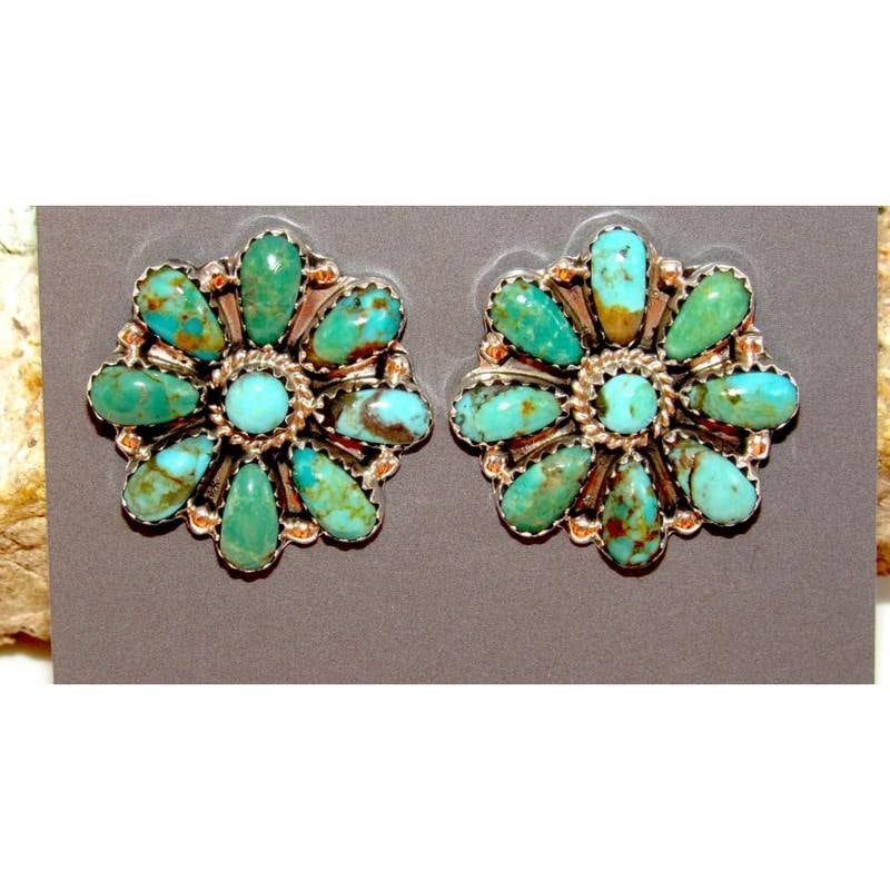 Navajo Turquoise Cluster Earrings Sterling Silver Native American 1": FREE IN-HOUSE SHIPPING WITHIN THE U.S. AVAILABLE!! Fab Native American Navajo sterling silver cluster statement post earrings . Measure about 1" in diameter. Marked sterling, signed by the artist. Won