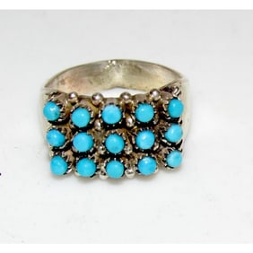 Zuni Snake Eye Turquoise Cluster Ring Size 6.5 Sterling Silver S. Haloo