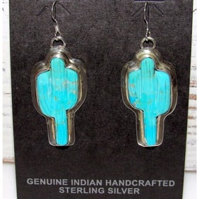 Navajo Turquoise Cactus Earrings Sterling Silver Native American Signed