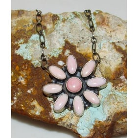 Navajo Pink Conch Cluster Bar Necklace Sterling Silver B. Lee