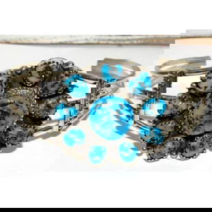 Navajo Kingman Turquoise Cluster Cuff Bracelet Sterling Silver 7.5" Wrist: For your consideration is this stunning Navajo sterling silver, and Kingman mine turquoise cluster statement cuff bracelet. Traditional craftsmanship and attention to detail. The inside circumference