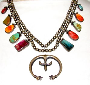 Navajo Squash Blossom Necklace Sterling Silver Turquoise Spiny Oyster G.Boyd
