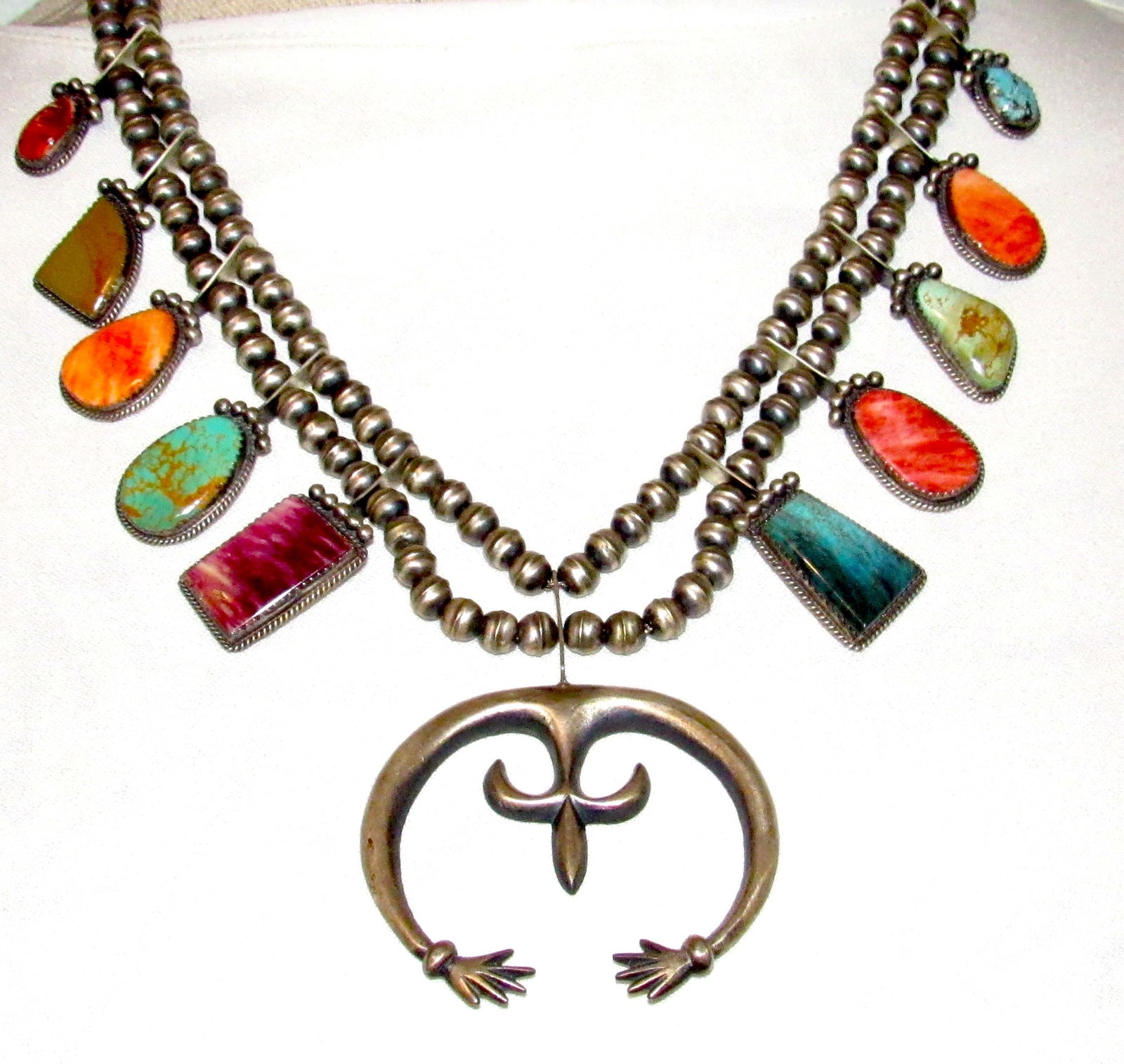 Navajo Squash Blossom Necklace Sterling Silver Turquoise Spiny Oyster G.Boyd