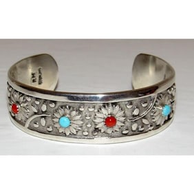 Navajo Turquoise Coral Flower Cuff Bracelet Sterling Silver R. Martinez