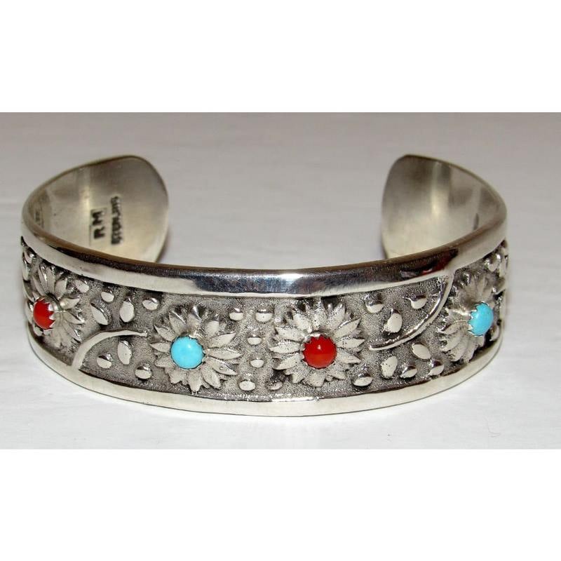 Navajo Turquoise Coral Flower Cuff Bracelet Sterling Silver R. Martinez (1 of 8)