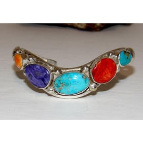 Navajo Davida Lister Turquoise Spiny Cuff Bracelet 925 Sterling Silver Signed