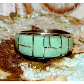 Navajo Turquoise Cobble Inlay Ring Sz 9 Sterling Silver Edison Yazzie