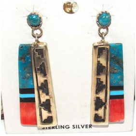 VTG Navajo Orange Spiny & Turquoise Dangle Earrings Sterling Silver E. Jackson