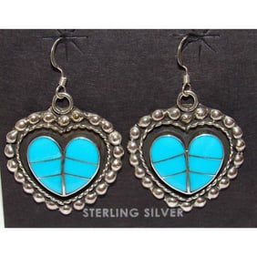 Zuni Turquoise Inlay & Sterling Silver Heart Dangle Earrings Faye Lowsayatee
