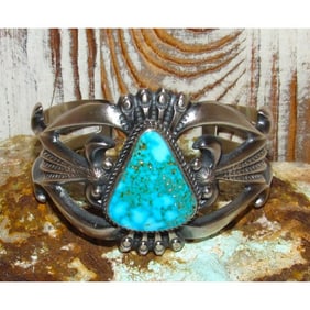 Navajo Royston Turquoise Cuff Bracelet Sand Cast Sterling Silver H.Bitsue