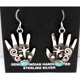 Navajo Alex Sanchez Petroglyph Dangle Healing Hands Earrings Sterling Silver