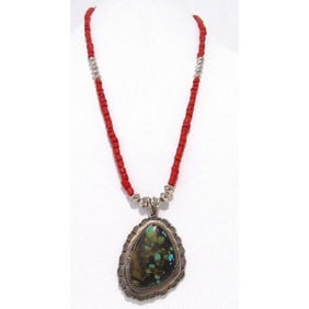 Navajo Royston Turquoise & Coral Necklace by Fred Peters Sterling Silver