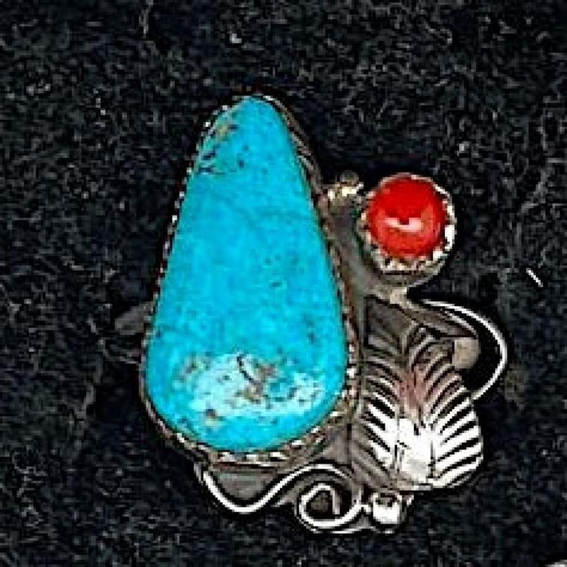 Navajo Cactus Blossom Ring Sz 7 Sterling Silver Kingman Turquoise Coral (1 of 3)