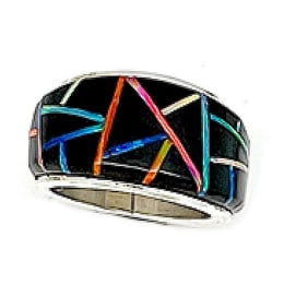 Navajo Jet Opal Inlay Ring Sz 8 Sterling Silver E. John Native American