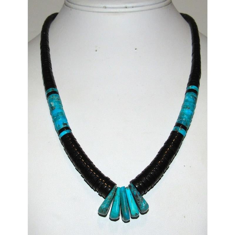Santo Domingo Kingman Black Onyx Heishi Necklace Lupe Lovato: Spectacular Santo Domingo sterling silver and hand cut, hand strung Kingman mine turquoise, and black onyx disc heishi necklace with black onyx jaclas by the highly collectible, regarded Santo Domingo