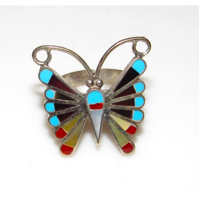 VTG Onyx & Turquoise Butterfly Zuni Sterling Inlay Ring Size 9.5 A Wallace (1 of 4)