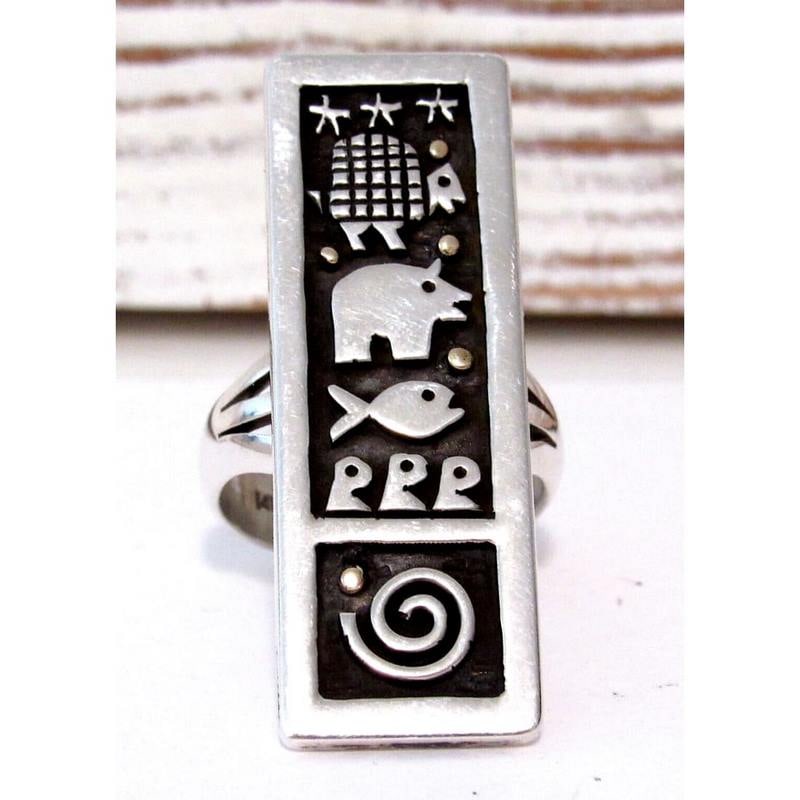Native American Santo Domingo Petroglyph Ring Sz 9 Sterling Silver 14K J. Coriz (1 of 8)