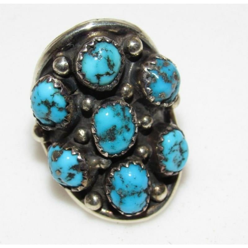 Navajo Kingman Turquoise Cluster Ring Size 7 Sterling Silver Native Signed (1 of 6)