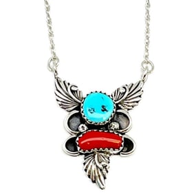 Navajo Turquoise Coral Bar Necklace Sterling Silver Native K. Chee