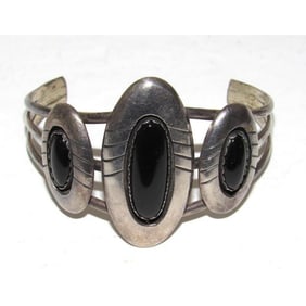 VTG Navajo Onyx Statement Cuff Bracelet Sterling Silver Native American