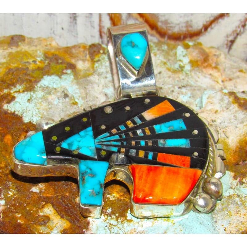 Navajo Ray Jack Bear Pendant Turquoise Spiny Jet Inlay Native American Signed (1 of 4)