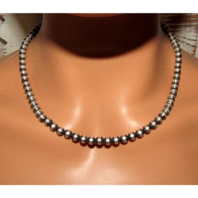 Navajo Pearls Necklace Sterling Silver 6mm Beads Necklace 18"L Choker