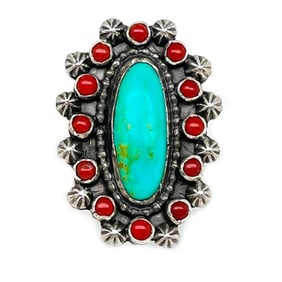 Navajo Cluster Ring Sz 8 Royston Turquoise Coral Sterling Silver A. Yazzie
