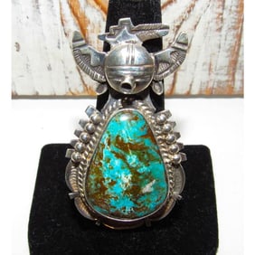 Large Navajo Kachina Ring Sz 8 Bennie Ration Bisbee Turquoise Sterling