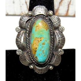 Navajo Royston Turquoise Statement Ring Sz 7.5 Sterling Silver Signed Native