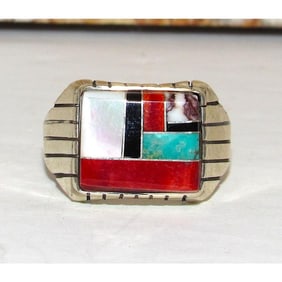 Navajo Turquoise Coral Wild Horse Inlay Ring Size 12 Sterling R. Jack