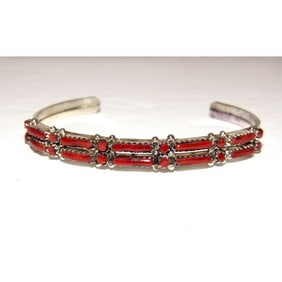 Zuni Mediterranean Coral Petit Point Cuff Bracelet Sterling Silver Vintage