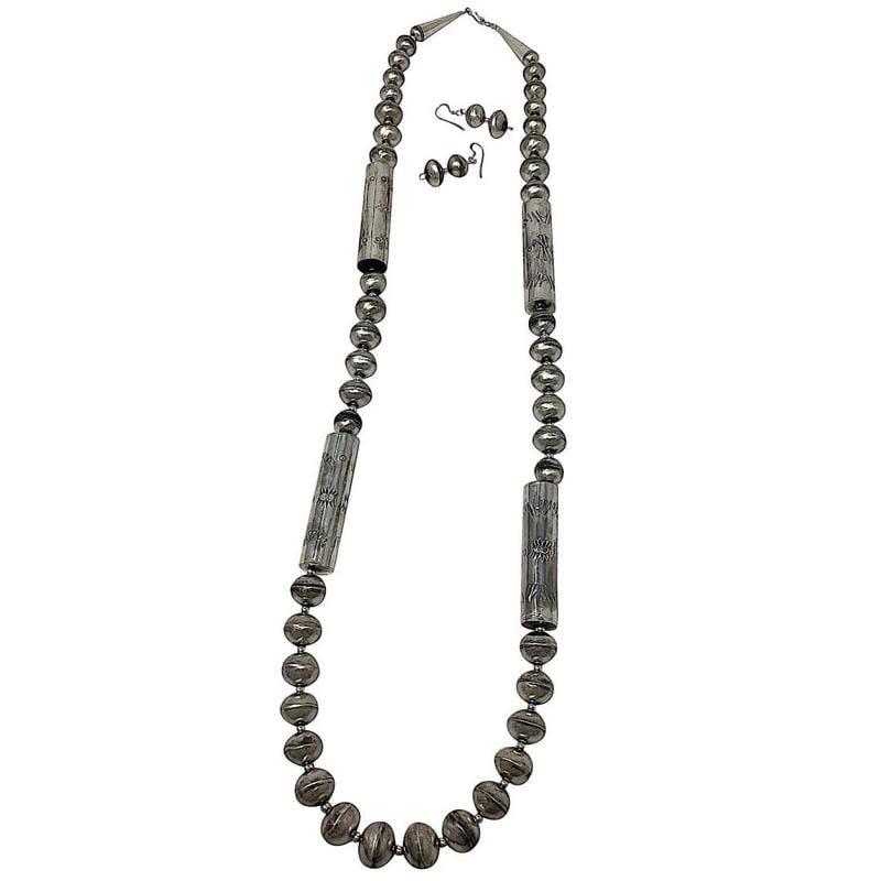 Vintage Navajo Pearls Necklace Earrings Set Hand Made Beads Sterling Silver 30" (1 of 4)