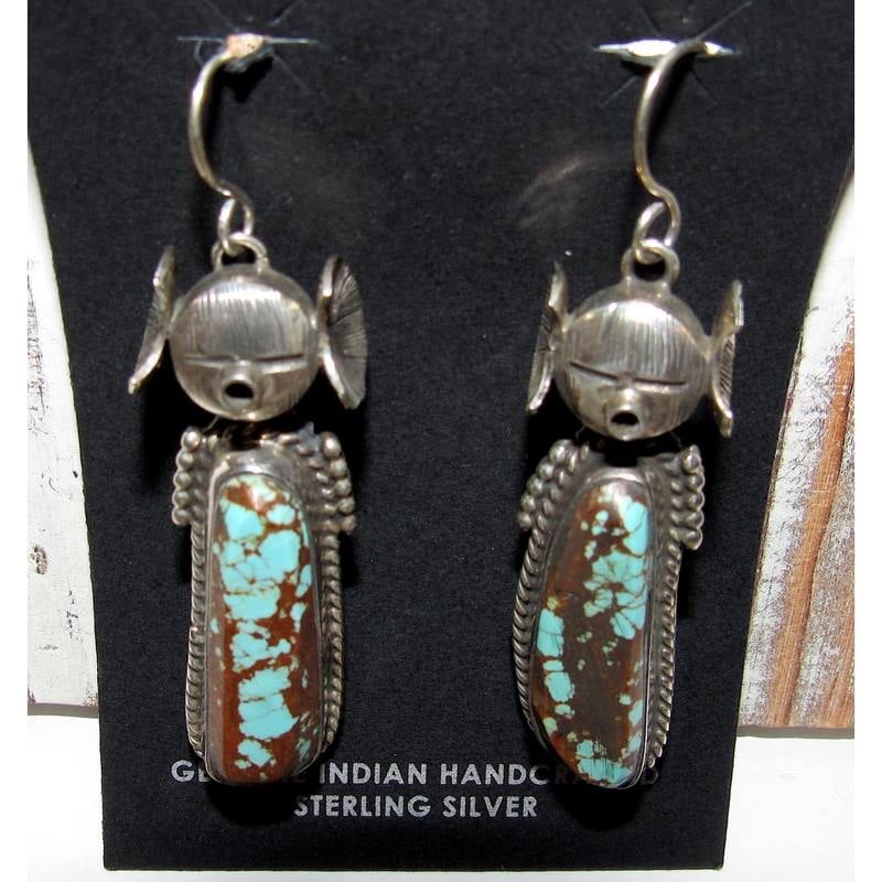 Navajo Kachina Earrings Boulder Numer 8 Turquoise Sterling Silver Bennie Ration (1 of 4)