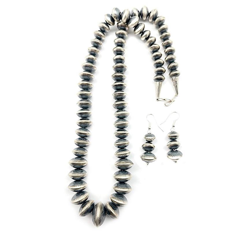 Navajo Pearls Hand Stamped Necklace & Earrings Set Sterling Silver Saucer Beads (1 of 4)