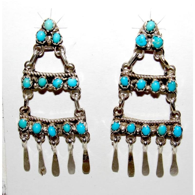 Zuni Turquoise Dangle Earrings Sterling Silver Milburn Dishta Native American (1 of 2)