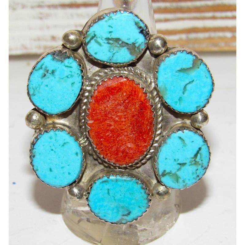 Navajo Turquoise Cluster Statement Ring Sz 8.5 Sterling Silver Signed (1 of 8)