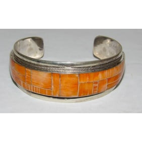 Navajo Orange Spiny Inlay Stacker Cuff Bracelet Sterling R. Begay