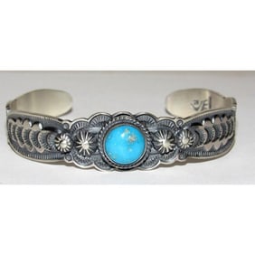 Navajo Blue Royston Turquoise Sterling Stacker Cuff Bracelet Ingot Bennie Ramone